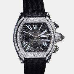 Cartier Customised Black 6.00CT Diamond Stainless Steel Roadster W62020X6 Automatic Men's Wristwatch 47.6mm