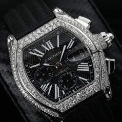 Cartier Customised Black 6.00CT Diamond Stainless Steel Roadster W62020X6 Automatic Men's Wristwatch 47.6mm