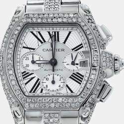 Cartier Customised Silver MOP 10.00CT Diamond Stainless Steel Roadster W62019X6 Automatic Men's Wristwatch 47.6mm