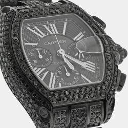 Cartier Customised Black 15.00CT Diamond Stainless Steel Roadster W62020X6 Automatic Men's Wristwatch 47.6mm