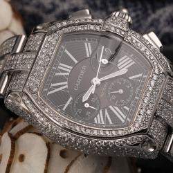 Cartier Customised Silver 23.00CT Diamond Stainless Steel Roadster W62020X6 Automatic Men's Wristwatch 47mm