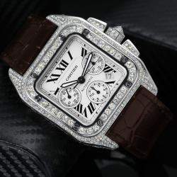 Cartier Customised Silver 17.00CT Diamond Stainless Steel Santos 100 W20090X8 Automatic Men's Wristwatch 41 MM