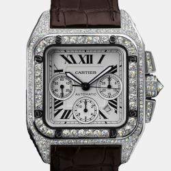 Cartier Customised Silver 17.00CT Diamond Stainless Steel Santos 100 W20090X8 Automatic Men's Wristwatch 41 MM