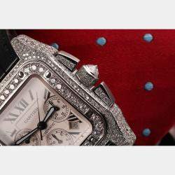 Cartier Customised Silver 17.00CT Diamond Stainless Steel Santos 100  Automatic Men's Wristwatch 41mm
