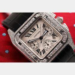 Cartier Customised Silver 17.00CT Diamond Stainless Steel Santos 100  Automatic Men's Wristwatch 41mm