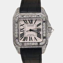 Cartier Customised Silver 15.00CT Diamond Stainless Steel Santos 100 W20073X8 Automatic Men's Wristwatch 41 MM
