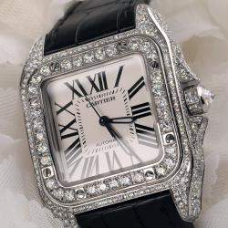 Cartier Customised Silver 15.00CT Diamond Stainless Steel Santos 100 W20073X8 Automatic Men's Wristwatch 41 MM