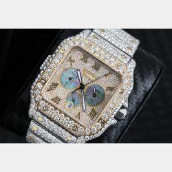 Cartier Customised Blue 33.00CT Diamond 18K Yellow Gold Stainless Steel Santos de Cartier 1904 Automatic Men's Wristwatch 43.3 mm