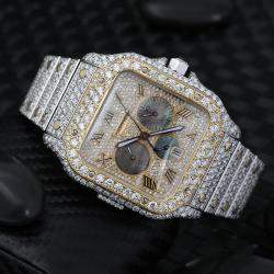 Cartier Customised Blue 33.00CT Diamond 18K Yellow Gold Stainless Steel Santos de Cartier 1904 Automatic Men's Wristwatch 43.3 mm
