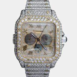 Cartier Customised Blue 33.00CT Diamond 18K Yellow Gold Stainless Steel Santos de Cartier 1904 Automatic Men's Wristwatch 43.3 mm