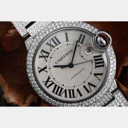 Cartier Customised Blue Diamond Stainless Steel Ballon Bleu Automatic Men's Wristwatch 42 mm