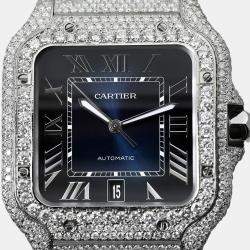 Cartier Customised Blue 25CT Diamond Stainless Steel Santos 1847 Automatic Men's Wristwatch 39.50 MM