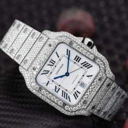 Cartier Customised White 25CT Diamond Stainless Steel Santos 1847 Automatic Men's Wristwatch 39.50 MM