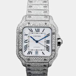 Cartier Customised White 25CT Diamond Stainless Steel Santos 1847 Automatic Men's Wristwatch 39.50 MM