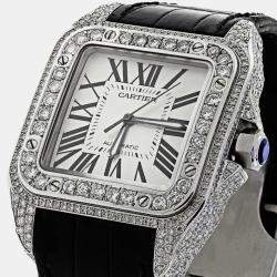 Cartier Customised Silver 14.00CT Diamond Stainless Steel Santos 100 W20073X8 Automatic Men's Wristwatch 41 MM