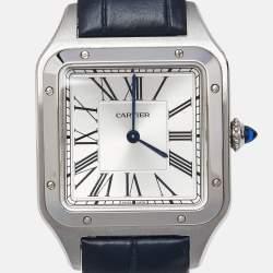 Pre Owned Cartier Silver Stainless Steel Alligator Leather Santos-Dumont WSSA0022 Women's Wriswatch 31.40 mm