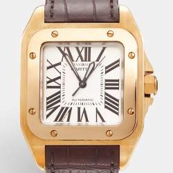 Cartier Silver 18K Rose Gold Alligator Leather Santos 100 W20108Y1 Unisex Wristwatch 33 mm