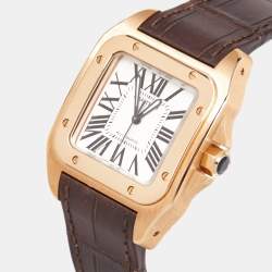Cartier Silver 18K Rose Gold Alligator Leather Santos 100 W20108Y1 Unisex Wristwatch 33 mm
