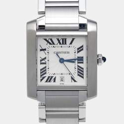 Pre Owned Cartier Opaline White Stainless Steel Tank Francaise W51002Q3 Unisex Wristwatch 28 mm