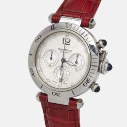 Pre Owned Cartier Silver Stainless Steel Leather Pasha de Cartier  2113 Men's Wristwatch 38 mm 