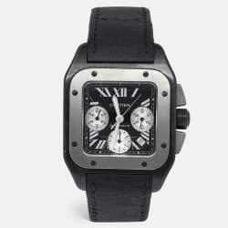 Pre Owned Cartier Black Titanium Stainless Steel Calf Leather Santos 100 XL W2020005 Men's Wristwatch 41 mm 