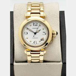 Pre Owned Cartier Pasha C 1035 Automatic White 18k Yellow Gold Men's Wristwatch 35 mm