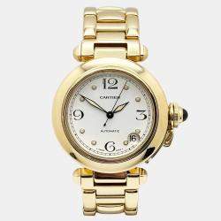 Pre Owned Cartier Pasha C 1035 Automatic White 18k Yellow Gold Men's Wristwatch 35 mm