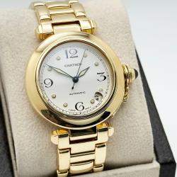 Pre Owned Cartier Pasha C 1035 Automatic White 18k Yellow Gold Men's Wristwatch 35 mm