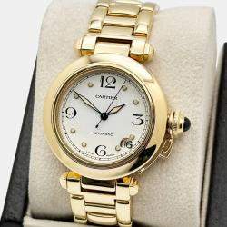 Pre Owned Cartier Pasha C 1035 Automatic White 18k Yellow Gold Men's Wristwatch 35 mm