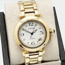 Pre Owned Cartier Pasha C 1035 Automatic White 18k Yellow Gold Men's Wristwatch 35 mm