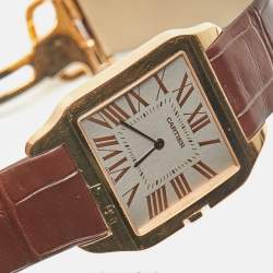 Pre Owned Cartier Santos Dumont W2006951 Manual Winding Silver Dial 18K Rose Gold Alligator Leather Men's Wristwatch 35 mm