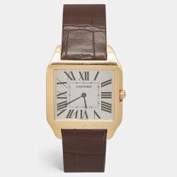 Pre Owned Cartier Santos Dumont W2006951 Manual Winding Silver Dial 18K Rose Gold Alligator Leather Men's Wristwatch 35 mm