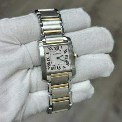 Pre Owned Cartier Tank FranÃ§aise 2301 Quartz White 18k Yellow Gold Stainless Steel Unisex Wristwatch 45 mm