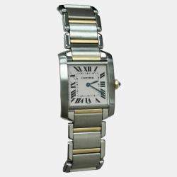 Pre Owned Cartier Tank FranÃ§aise 2301 Quartz White 18k Yellow Gold Stainless Steel Unisex Wristwatch 45 mm