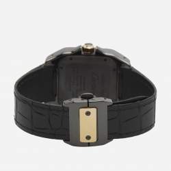 مملوكة مسبقًا Cartier Santos 100 W2020007 Black Dial 18k Rose Gold PVD Coated Stainless Steel Alligator Leather Men's Wristwatch 33 mm
