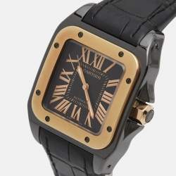 مملوكة مسبقًا Cartier Santos 100 W2020007 Black Dial 18k Rose Gold PVD Coated Stainless Steel Alligator Leather Men's Wristwatch 33 mm