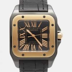 مملوكة مسبقًا Cartier Santos 100 W2020007 Black Dial 18k Rose Gold PVD Coated Stainless Steel Alligator Leather Men's Wristwatch 33 mm