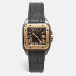 مملوكة مسبقًا Cartier Santos 100 W2020007 Black Dial 18k Rose Gold PVD Coated Stainless Steel Alligator Leather Men's Wristwatch 33 mm
