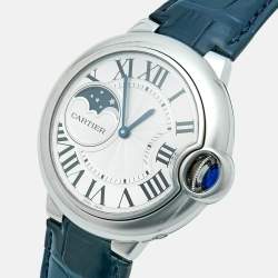 Pre Owned Cartier Ballon Bleu Moonphase WSBB0029 Silver Dial Stainless Steel Alligator Leather Men's Wristwatch 37.50 mm