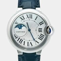 Pre Owned Cartier Ballon Bleu Moonphase WSBB0029 Silver Dial Stainless Steel Alligator Leather Men's Wristwatch 37.50 mm