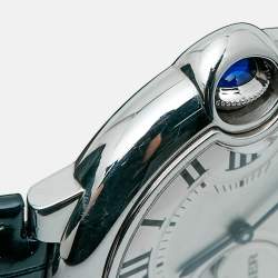 Pre Owned Cartier Ballon Bleu Moonphase WSBB0029 Silver Dial Stainless Steel Alligator Leather Men's Wristwatch 37.50 mm