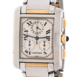 Cartier Cream 18K Yellow Gold Stainless Steel Tank Francaise Chronoflex 2303 Men's Wristwatch 28 mm