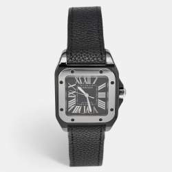 Cartier Black Ceramic Santos 100 Calfskin Leather 2878 Men's Wristwatch 33 mm