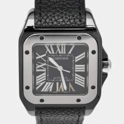 Cartier Black Ceramic Santos 100 Calfskin Leather 2878 Men's Wristwatch 33 mm