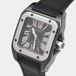 Cartier Black Ceramic Santos 100 Calfskin Leather 2878 Men's Wristwatch 33 mm