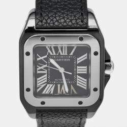 Pre Owned Cartier Black Ceramic Santos 100 Calfskin Leather 2878 Men's Wristwatch 33 mm