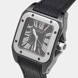 Pre Owned Cartier Black Ceramic Santos 100 Calfskin Leather 2878 Men's Wristwatch 33 mm