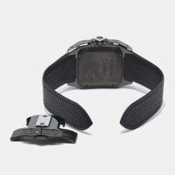 Pre Owned Cartier Black Ceramic Santos 100 Calfskin Leather 2878 Men's Wristwatch 33 mm