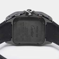 Pre Owned Cartier Black Ceramic Santos 100 Calfskin Leather 2878 Men's Wristwatch 33 mm