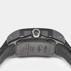 Pre Owned Cartier Black Ceramic Santos 100 Calfskin Leather 2878 Men's Wristwatch 33 mm